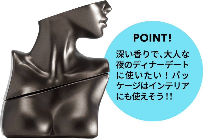 POINT! 深い香りで、大人な夜のディナーデートに使いたい！パッケージはインテリアにも使えそう！！